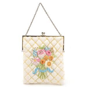 Handmade Vintage Embroidered Handbag Cream with Floral Design 60's 70's Kisslock